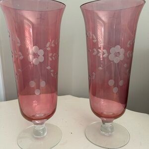 Elegant Pink Floral Etched Glass Vases